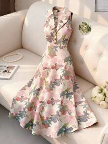 GlowEve 新款春夏女装“玫瑰故事”浪漫复古法式优雅收腰喇叭长裙，饰有3D玫瑰花，衬衫式纽扣设计 - 彩色 - 查看 4