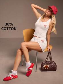 Muvela 2026春夏新款白色可调节松紧腰小熊印花荷叶边撞色可爱休闲短裤，时尚优雅，适合狂欢节派对，复古英伦风 - 白色 - 查看 2