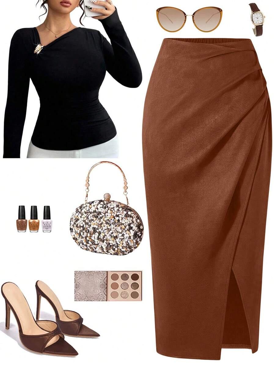 Femmeverse 大码女式法式复古休闲简约舒适日常百搭褶裥前开衩A字裙，高腰显瘦弹力腰高端性感优雅修身OL办公铅笔裙，秋冬款 - 棕色 - 查看 1