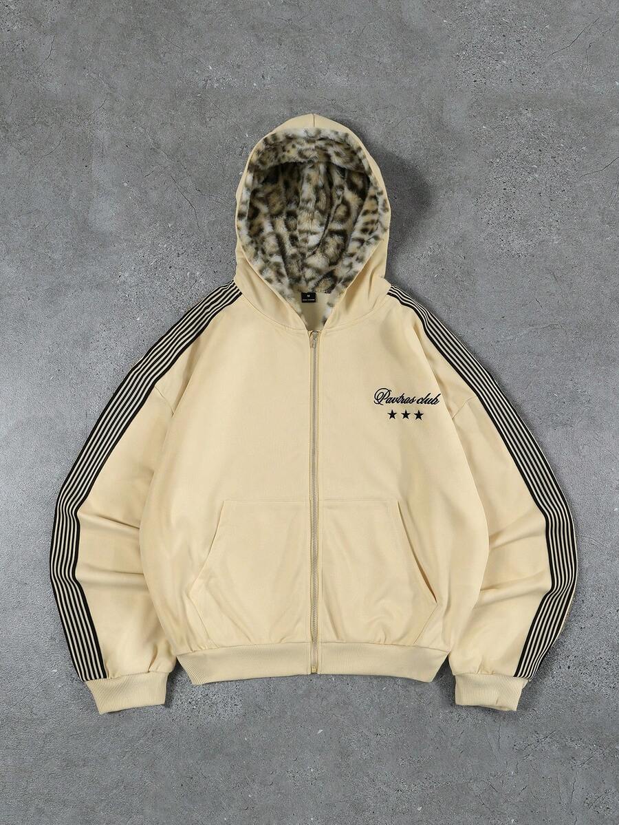 PAVTROS 男士街头风复古连帽衫，针织连帽开衫，卫衣，豹纹绒面面料，奢华品质，品牌Logo，可定制，街头风，日常穿着，时尚单品，户外休闲，返校季，节日礼物，男友礼物，老公礼物 - 卡其色 - 查看 1