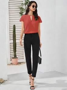 SHEIN Clasi Guipure Lace Sleeve Keyhole Neck Blouse,Summer Top - Watermelon Pink - View 4