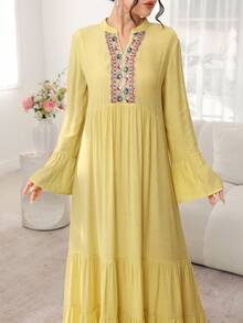 SHEIN Najma Romantic Elegant Yellow Stand Collar Flare Sleeve Ruffle Hem Dress, Spring/Summer - Yellow - View 2