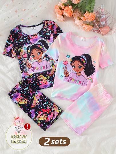 Girls Cute Tie-Dye Print Casual Short Sleeve Shorts Pajama Set, Bodysuit Loungewear