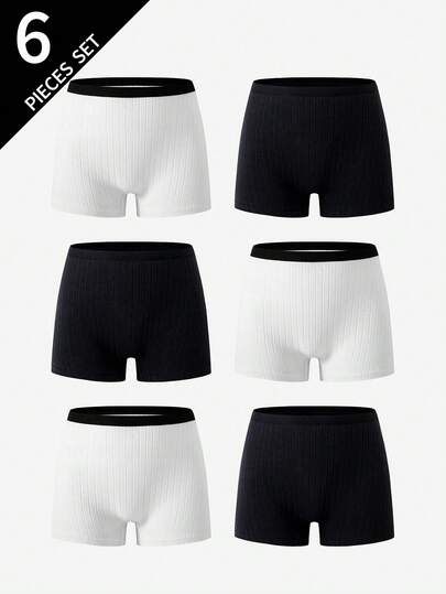 Girls' Teenage Underwear - 6-Pack Combo, All-Season Style, Black And White Solid Colors With Contrasting Waistband Design, Fashionable And Comfortable Cotton Ribbed Fabric, Boxer Briefs For Girls.