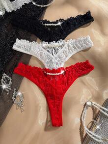 MidnightGlam 3pcs Women Lace Panties Set With Pearl Necklace Decor Lace Underwear Women Lace Knickers Women Lace Thongs Gstring For Ladies - Multicolor - View 2
