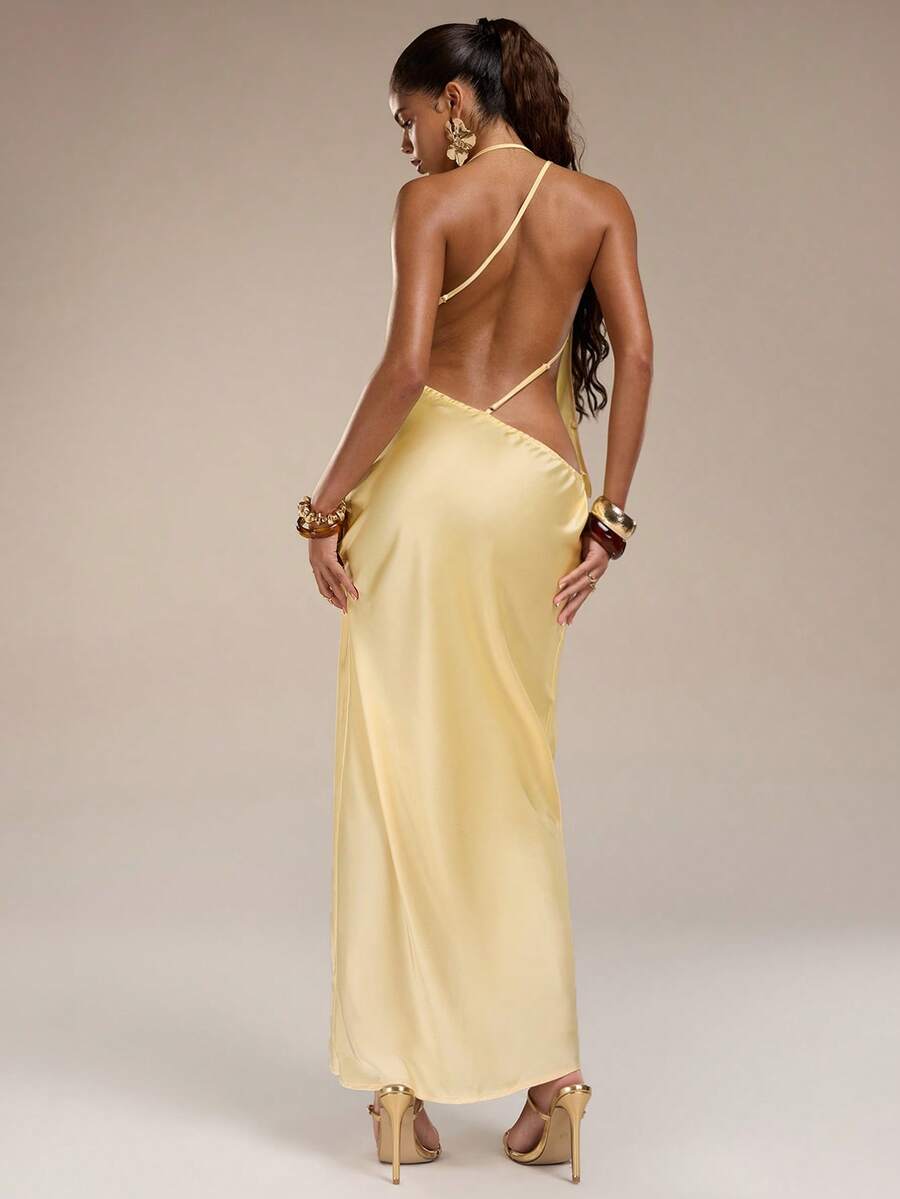 Normani 女士性感简约纯色黄色缎面不对称深V领露背系带连衣裙，适合派对、晚宴、正式场合、伴娘、生日迷你裙、商务休闲等场合，优雅露背缎面连衣裙 - 黃色 - 查看 1