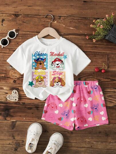 SHEIN | PAW Patrol Young Girls Minimalist Print Round Neck Short Sleeve T-Shirt And Shorts Set