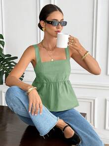 Serisse Women's Solid Color Ruched Back Twist Design Casual Versatile Top For Dates And Outings,Summer Top - Green - View 3