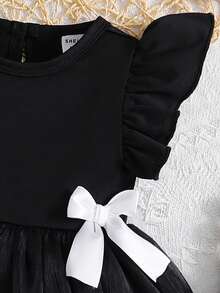 SHEIN Baby Girl Elegant Cute Black And White Summer Party Dress Cute Sweet Casual Spring Outfit With 3D Bow Ruffle Sleeves - Black and White - View 5