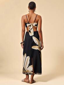 Travachic Elegant Floral Print Hollow Out Casual Vacation Slip Dress - Black - View 2