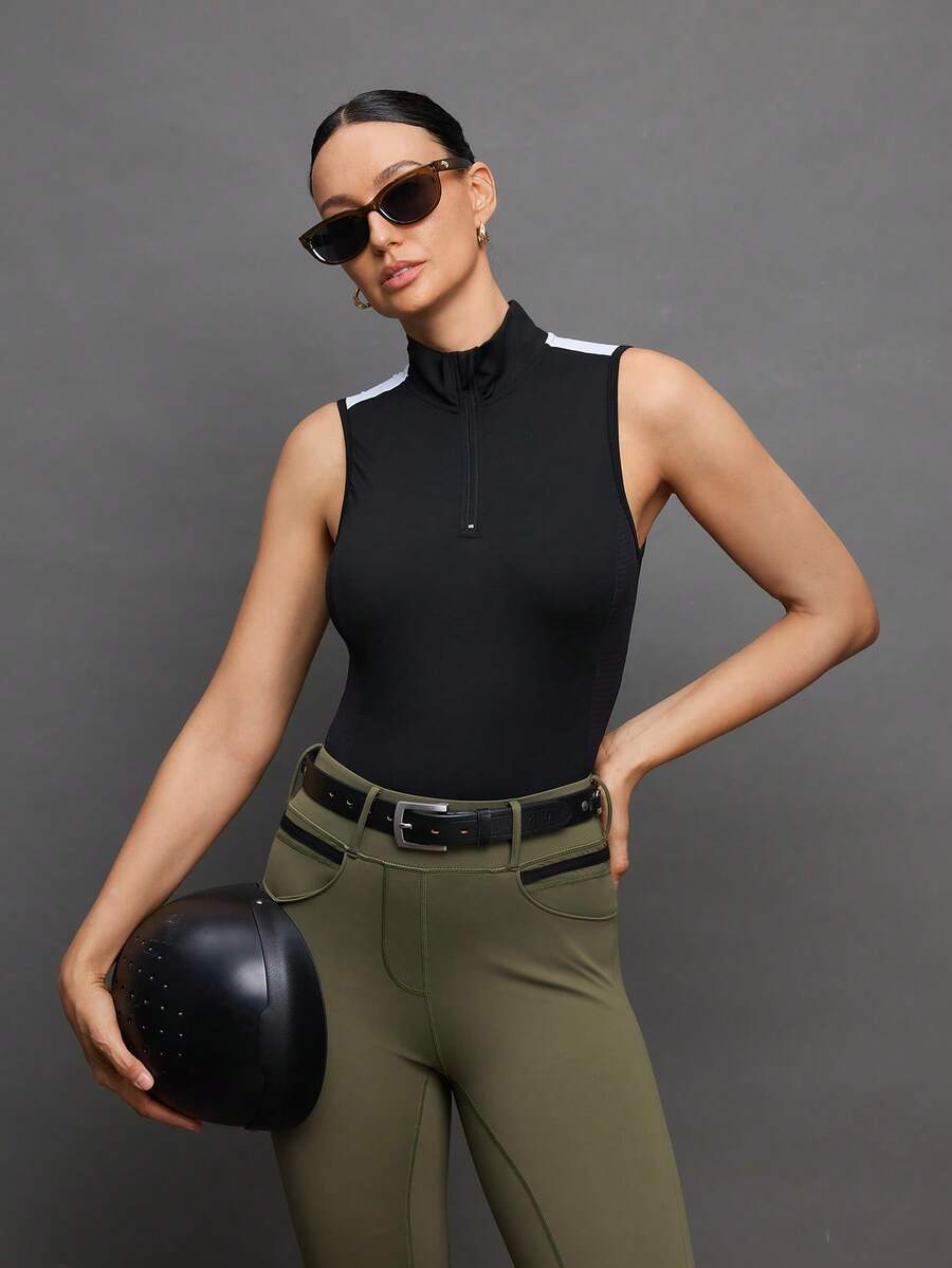 Activina Women's Black Equestrian Riding Top With White Detail And Half Zip Neckline - Black and White - View 1