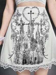 ROMWE Goth 深色修道院印花撞色蕾丝边缎面中长裙 - 白色 - 查看 2