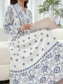 Teen Girls Blue & White Patterned Maxi Dress,Autumn Casual Vacation Breathable Fashion - Multicolor - View 1