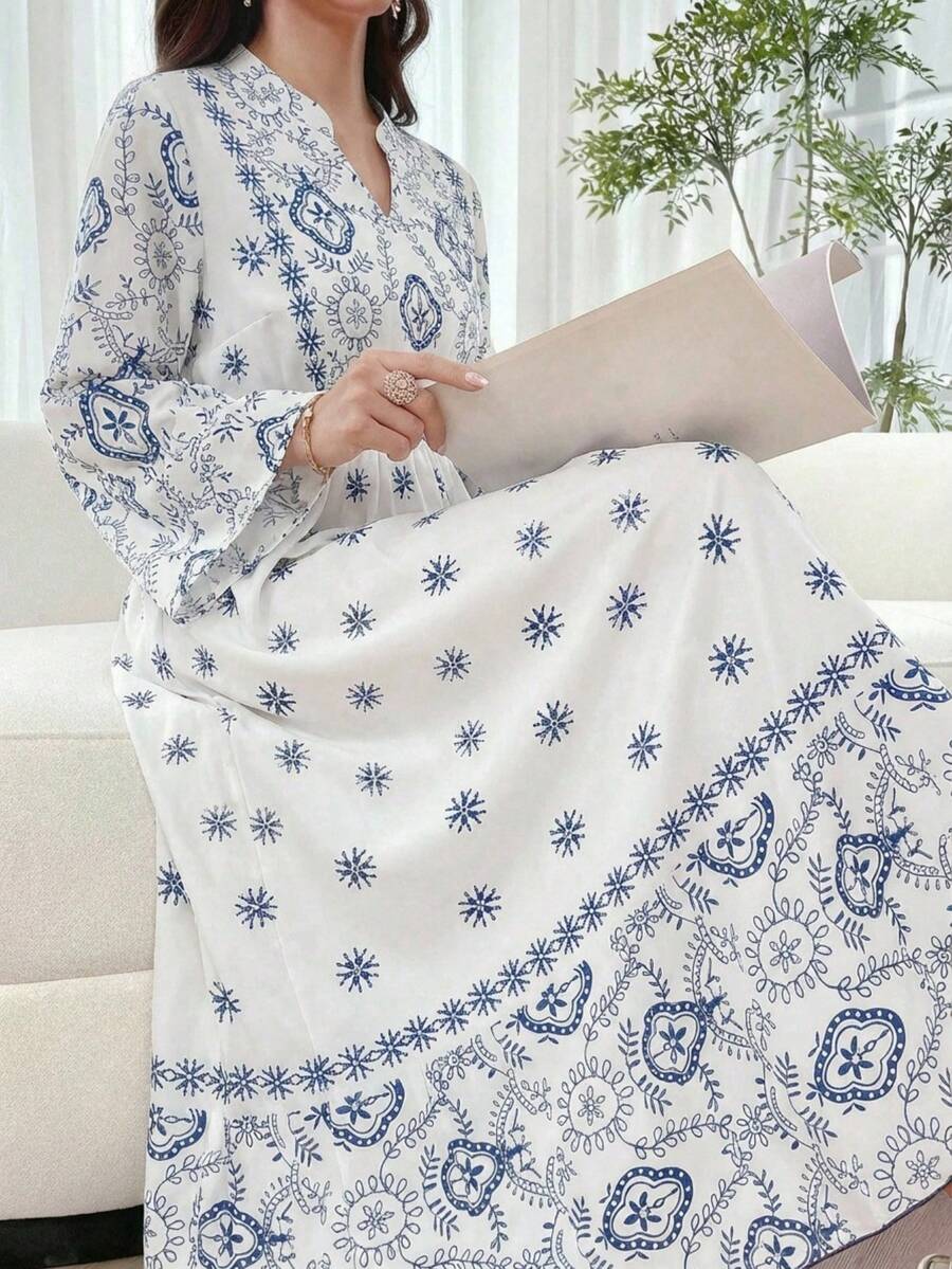 Teen Girls Blue & White Patterned Maxi Dress,Autumn Casual Vacation Breathable Fashion - Multicolor - View 1