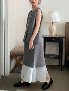 DAZY 少女休闲百褶无袖上衣和迷你裙套装，夏季 - 灰色 - 查看 4