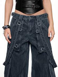 ROMWE Grunge Punk Celana Jeans Denim Ukuran Besar Longgar Model Dark Punk Super Heavy Metal dengan Desain Tali Grommet dan Lubang Tali Silang - Dark Wash - View 3