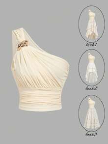 Skyraze Women's Beige One Shoulder Crop Top,Elegant Summer Asymmetric Mesh Metallic Detail Slim Fit Ruched Pleated Top,Holiday Vacation Style,Old Money Style - Khaki - View 2