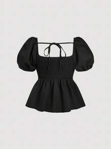 SHEIN MOD 黑色花卉刺绣泡泡袖娃娃衫，适合花园茶会、约会、派对、女士春夏、春假、度假、野餐等场合。黑色泡泡袖衬衫，花卉刺绣，方领，收腰设计，荷叶边下摆，质感面料，轻盈廓形，优雅细节，复古风格，轻盈舒适，柔软垂坠，女性柔美触感，彩色缝线，浪漫气息，精致图案，短袖，波西米亚风情，艺术魅力，宽松版型，适合夏季假期、度假、嘉年华、情人节、女士情人节、夏季、春假等场合。 - 黑色 - 查看 9