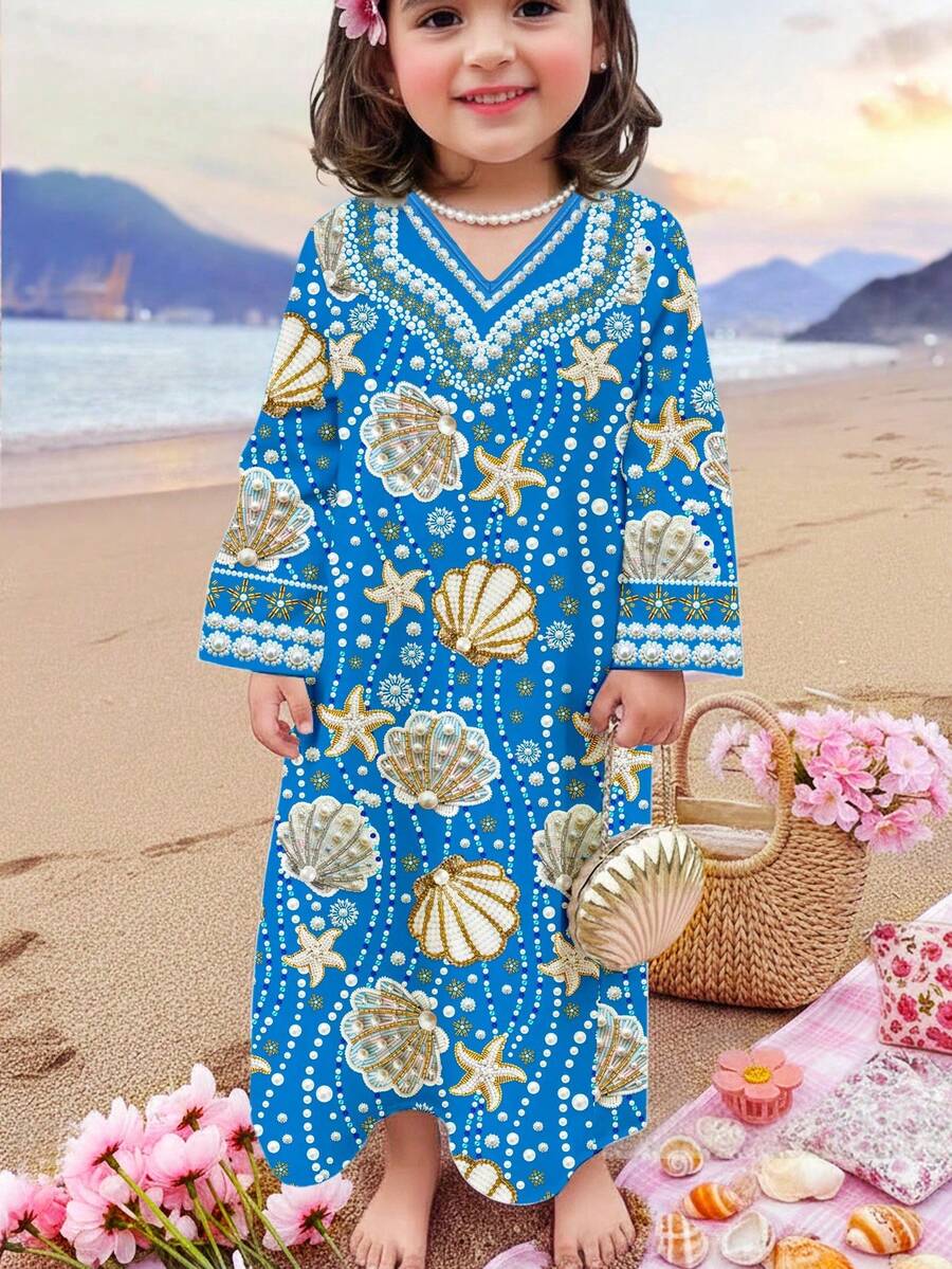 SHEIN Cute & Elegant Ocean Seashell, Star, Pearl Print Pattern Young Girl Casual Dress, Suitable For Spring/Summer - Multicolor - View 1