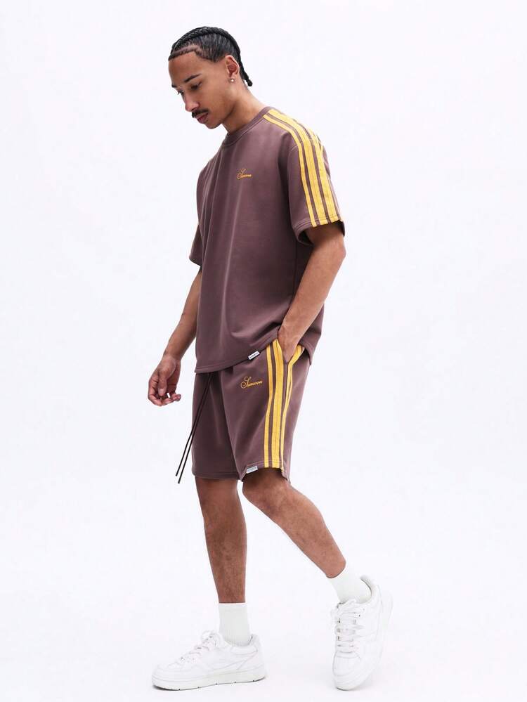 Mauve T-Shirt And Shorts Set With Yellow Stripes