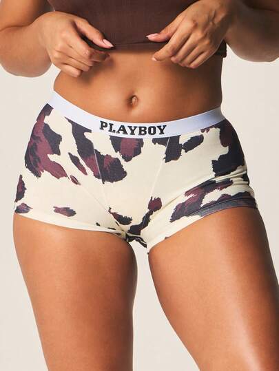 Missguided x Playboy Cow Print Boyshorts High Waisted Brief Underwear Comfort Fit Elastic Waistband Animal Print Loungewear