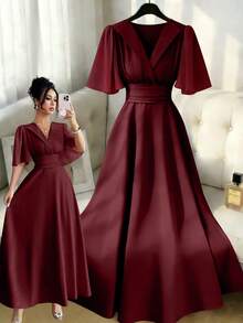 Elenzga New Women's Collared Waist Pleated Chiffon Patchwork Ruffle Sleeve Design Casual Vacation Everyday Versatile Elegant Dress - Burgundy - View 1