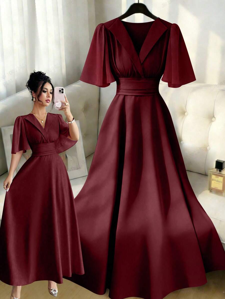 Elenzga New Women's Collared Waist Pleated Chiffon Patchwork Ruffle Sleeve Design Casual Vacation Everyday Versatile Elegant Dress - Burgundy - View 1