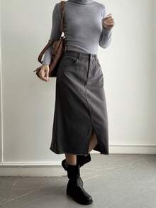 Livesso 女士宽松商务休闲高开衩直筒牛仔裙，时尚百搭，适合办公室、街头穿着，春夏皆宜 - 灰色 - 查看 6