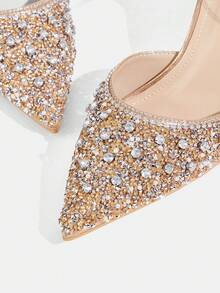 CUCCOO TILAWA 香槟色尖头水钻装饰细高跟踝带凉鞋，性感时尚，适合连衣裙、派对、夜店等场合。 - 香檳色 - 查看 6