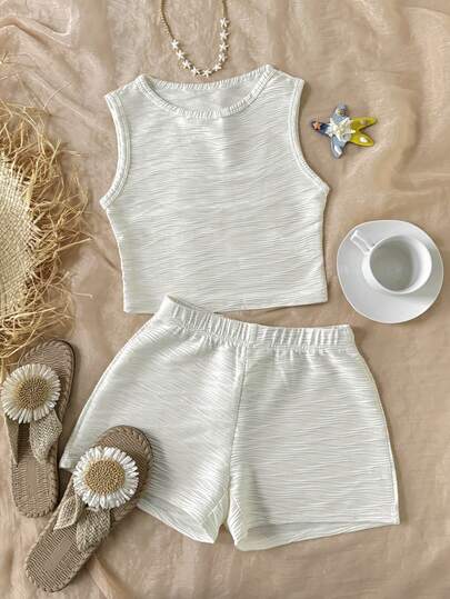 SHEIN 2pcs Tween Girls Loose Casual Comfortable Tank Top And Shorts Set