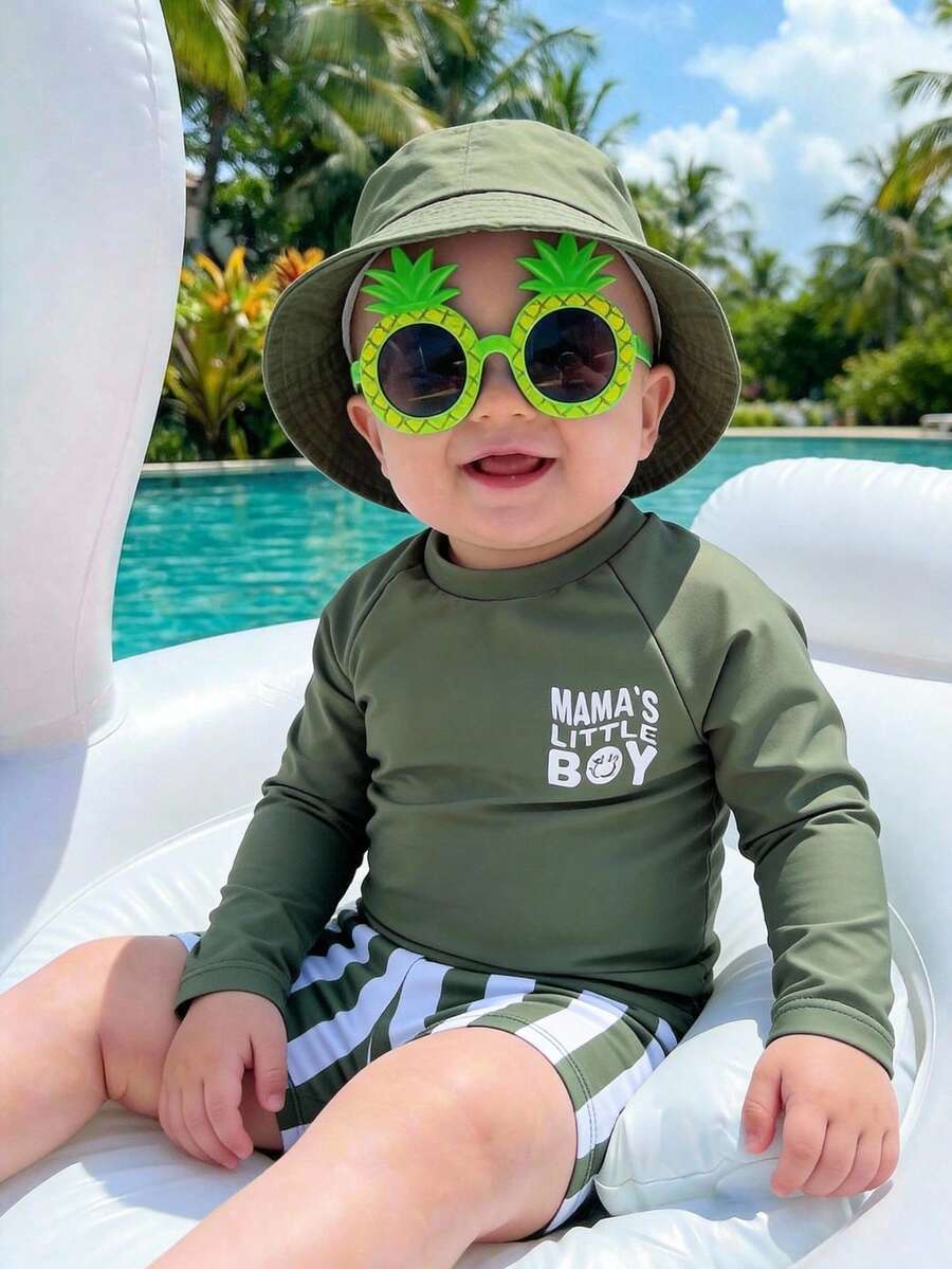 Bộ 2 món gồm áo tắm dài tay và quần bơi kẻ sọc xanh lá cây cho bé trai và bé gái, đồ bơi chống nắng thích hợp cho bãi biển, bơi lội, kỳ nghỉ.