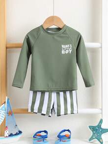 Bộ 2 món gồm áo tắm dài tay và quần bơi kẻ sọc xanh lá cây cho bé trai và bé gái, đồ bơi chống nắng thích hợp cho bãi biển, bơi lội, kỳ nghỉ. - xanh quân đội - Xem 4