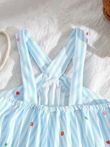 SHEIN Elladie kids 女童休闲无袖热带印花连衣裙，春夏新品 - 藍色 - 查看 7