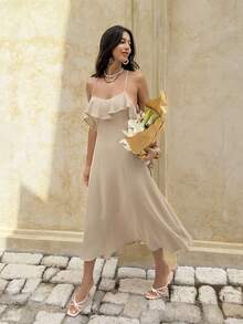 Serisse Đầm nghỉ mát gợi cảm hở lưng, dây mảnh, dài ngang gối dành cho nữ. - Màu be - Xem 4