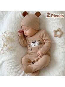 Loomiva 新生女宝宝卡通熊图案针织柔软圆领长袖连体衣和帽子两件套 - 彩色 - 查看 3