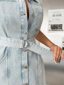 SHEIN Casual, Sleeveless, Washed, Belted, Button Fronts,Pocket Details ,Long Denim Dress - Light Wash - View 5