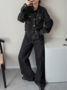 FRIFUL Women's Solid Color Front Button Long Sleeve Top And Wide Leg Jeans Set - Blue - View 7