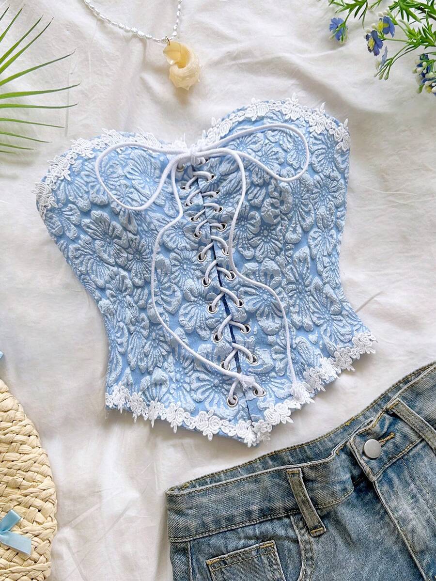 Soleia Top bandeau de tela jacquard con lazo francés para mujer - Azul - Ver 1