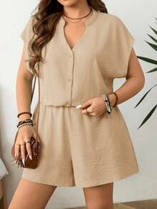 SHEIN LUNE 大码纯色V领短袖前开襟宽松休闲夏季连体裤女装两件套休闲女装夏季两件套女装两件套女装度假套装女装夏季亚麻两件套大码女装休闲两件套 - 杏色 - 查看 7