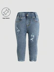 DENIMLY BABY GIRL ALL YEAR MUST HAVE CLASSIC SIMPLE BASIC SOFT RIPPED SKINNY JEANS, FULLY ELASTIC WAISTBAND AND HIGH STRETCH COTTON FABRIC. BASIC AND SOFT. - Light Wash - View 6
