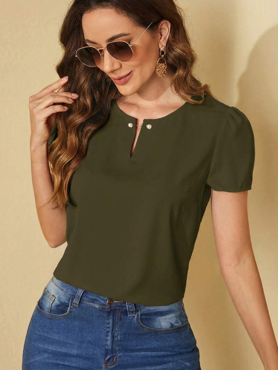 SHEIN Clasi 女士纯色圆领休闲百搭通勤短袖衬衫 - 軍綠色 - 查看 1