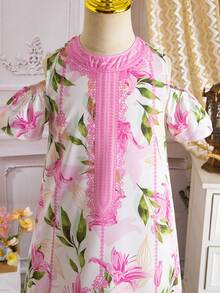 Bộ váy dài ngang gối màu hồng và trắng thêu hoa ly cho bé gái - Nhiều màu - Xem 7