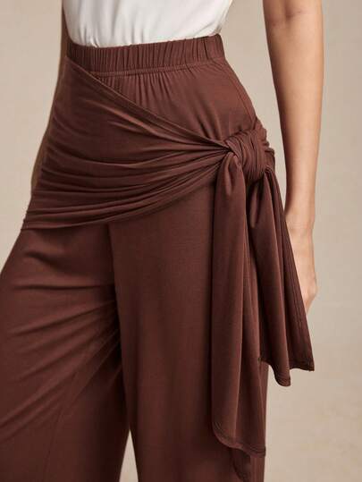 BizChic Coffee Brown Elastic Waist Knit Pants With Detachable Suspender Straps, 2 Pieces Set, Suitable For Office, Formal, Casual, Romantic, Y2K, 90s Retro, Party, Wedding, Daily Wear Holiday Outfits Beach Outfits