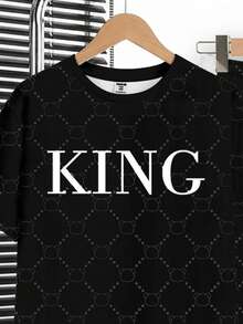 男童新款休闲复古花卉英文字母“King”运动风复古美式撞色舒适宽松圆领短袖T恤和裤子套装 - 白色 - 查看 4