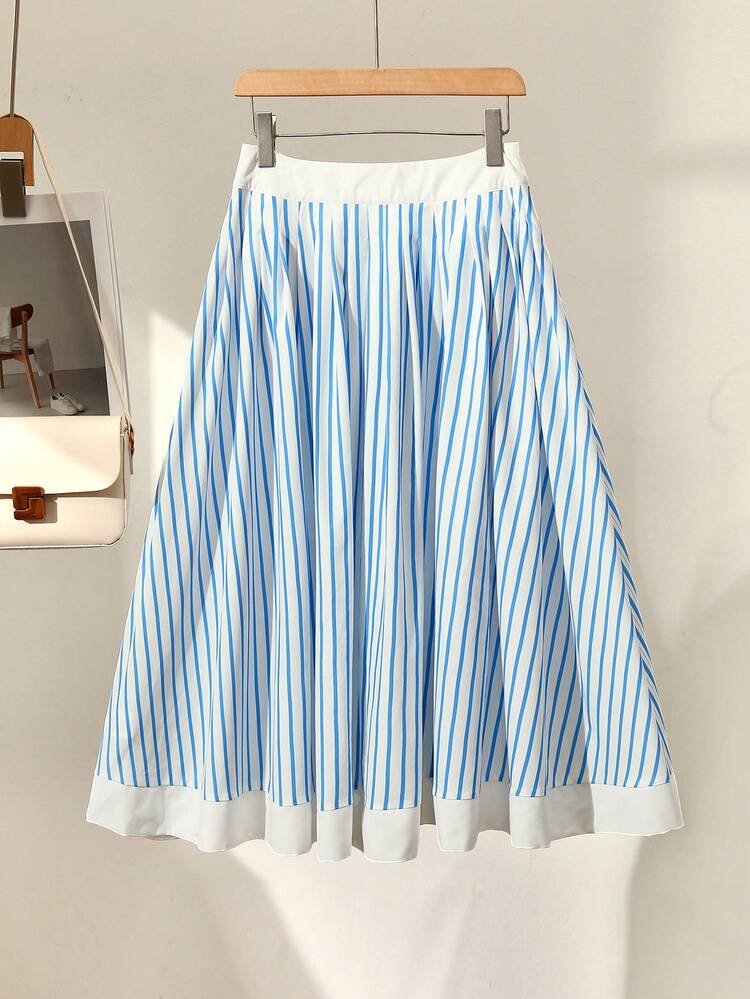 Franclia Falda versatil de talle alto con diseño a rayas en línea A, para el trabajo y las vacaciones - Azul - Ver 2