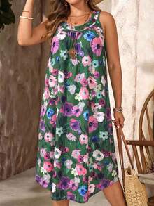 EMERY ROSE Đầm không tay cổ tròn in họa tiết toàn thân, kiểu dáng thường ngày, cỡ lớn, phong cách nghỉ mát. - Màu tím - Xem 1