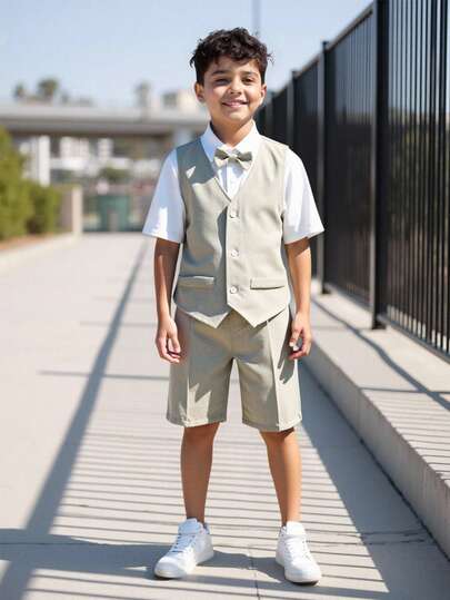 SHEIN 3pcs/Set Tween Boy Gentleman Suit: White Short Sleeve Shirt T-Shirt, Vest, Shorts/Pants. Gentlemanly Outfit Suitable For Spring/Summer Wear, Home, Outing, Birthday Party, Baptism, Birthday, Ceremony, Wedding Guest, Pageboy, Ring Bearer Boy Graduation Outfit Tween Boys 3 Pc Wedding Suit Boys Kindergarten Graduation Outfit Boys Summer Formal Sets Boys Summer Wedding Outfit