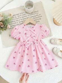 LMoss Kids 女婴编织条纹蝴蝶结花瓣袖休闲连衣裙 - 彩色 - 查看 11