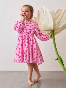Maija Kids 女童梭织印花圆领长袖可爱休闲连衣裙 - 粉色 - 查看 2