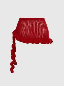 Sweetness Plus Size Asymmetric Hem Beach Knit Cover-Up Skirt, Spring - Red - View 6